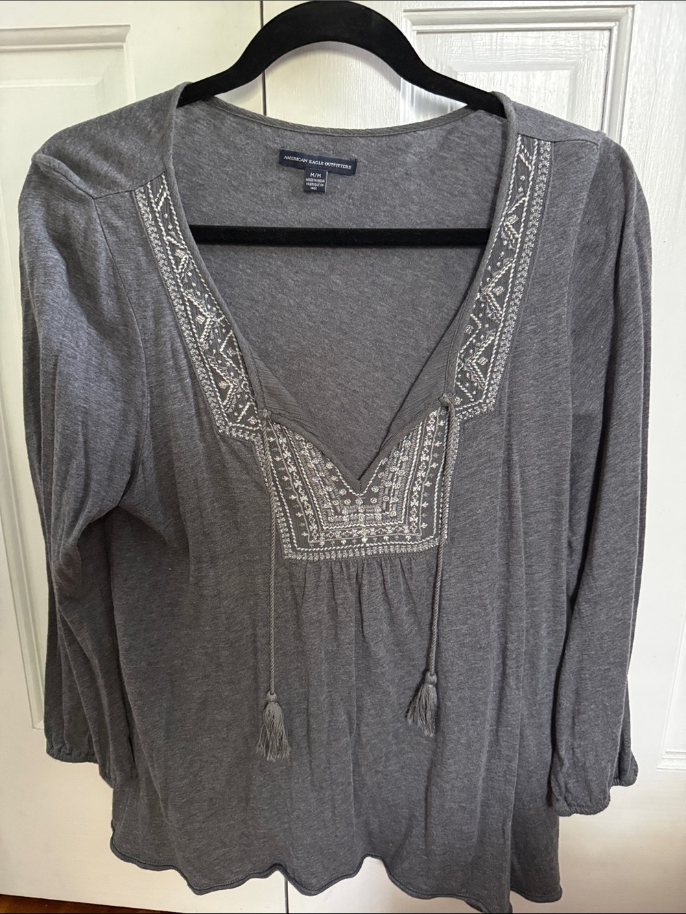 American Eagle Outfitters Charcoal Gray Embroidered V-Neck Tunic